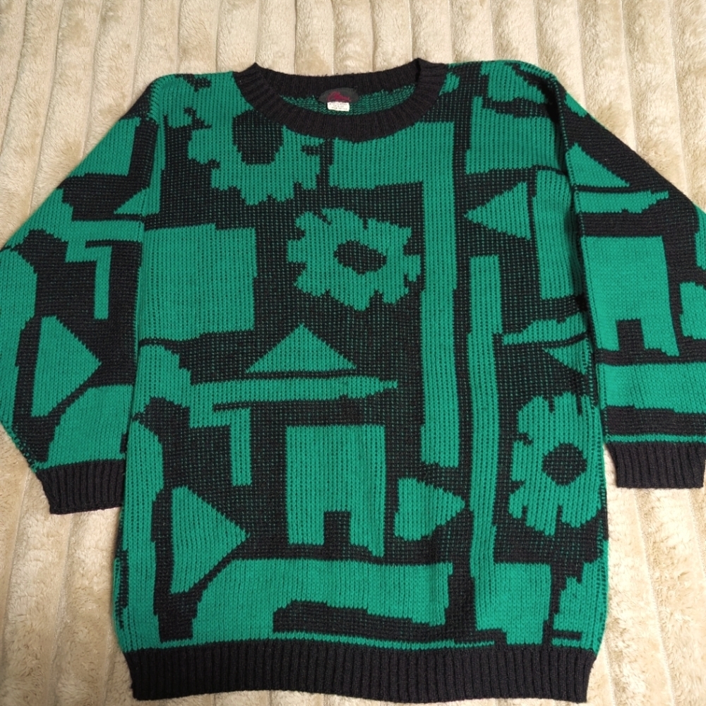 Vintage 80's Women's Sweater Green & Black Geometric Pattern Size L